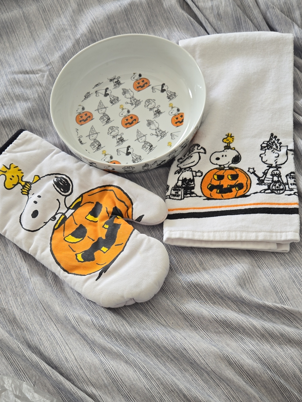 Peanuts Snoopy Halloween Adult Oven Mitt,  Towel  And 8.5 Inch Bowl. -